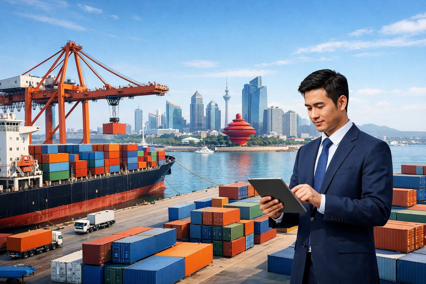 A busy port with cargo ships, shipping containers, cranes, and a businessperson managing logistics with the city skyline in the background. A busy port with cargo ships, shipping containers, cranes, and a businessperson managing logistics with the city skyline in the background.