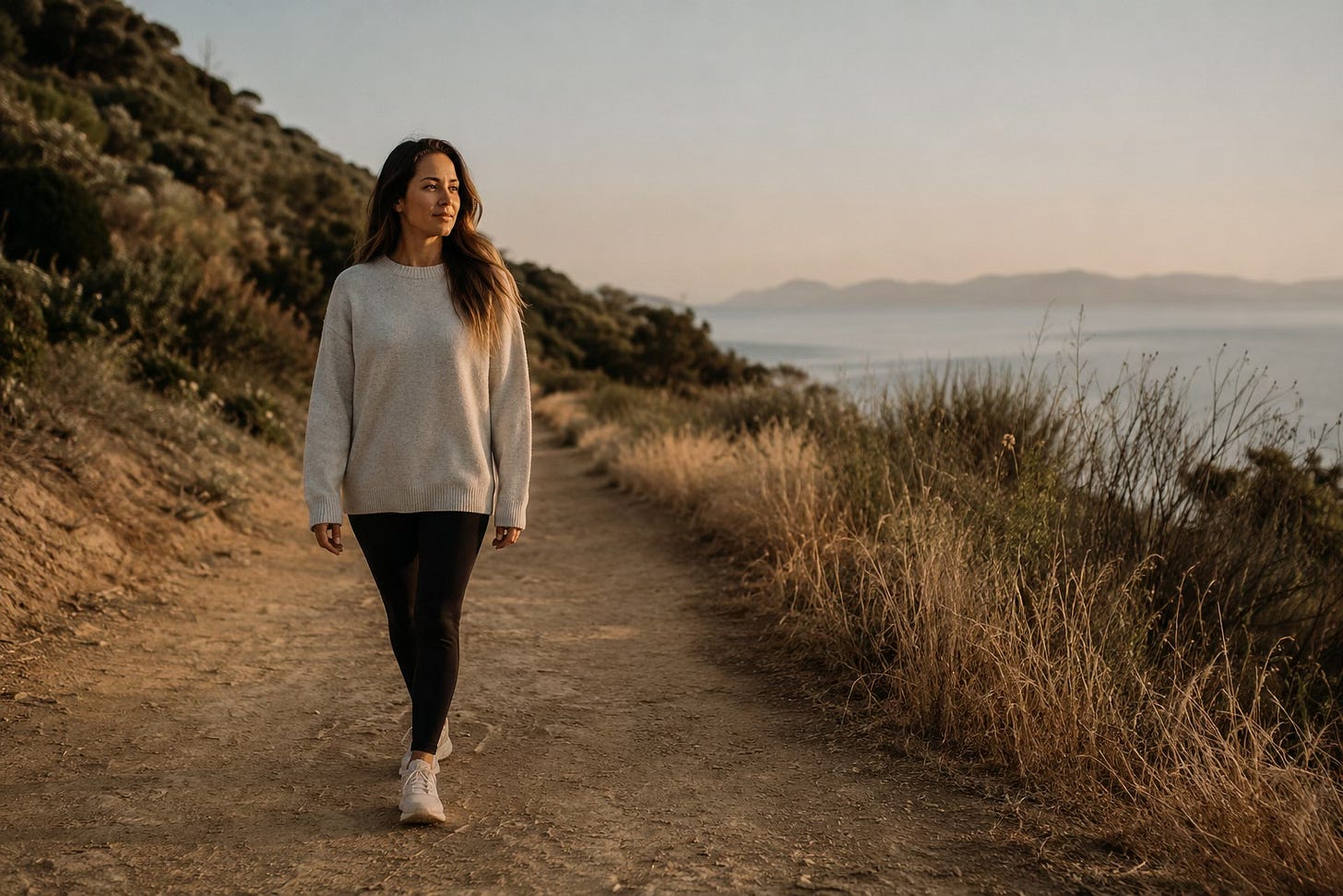 Woman walking peacefully in nature, representing calm, clarity, and self-trust.