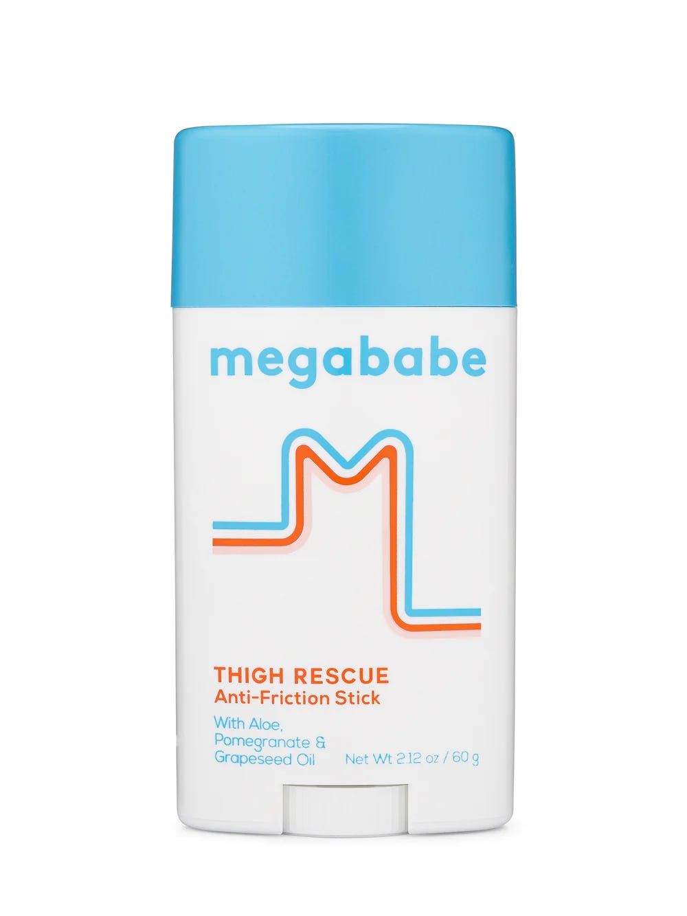 Megababe Thigh Rescue Anti Friction Stick close up bottle for an anti chafe and boob sweat summer beauty routine