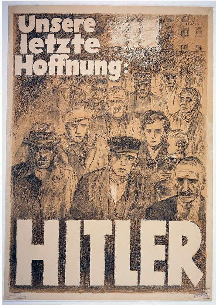 Color poster printed on faded white paper depicting a crowd of hopeless people gathered on the street.