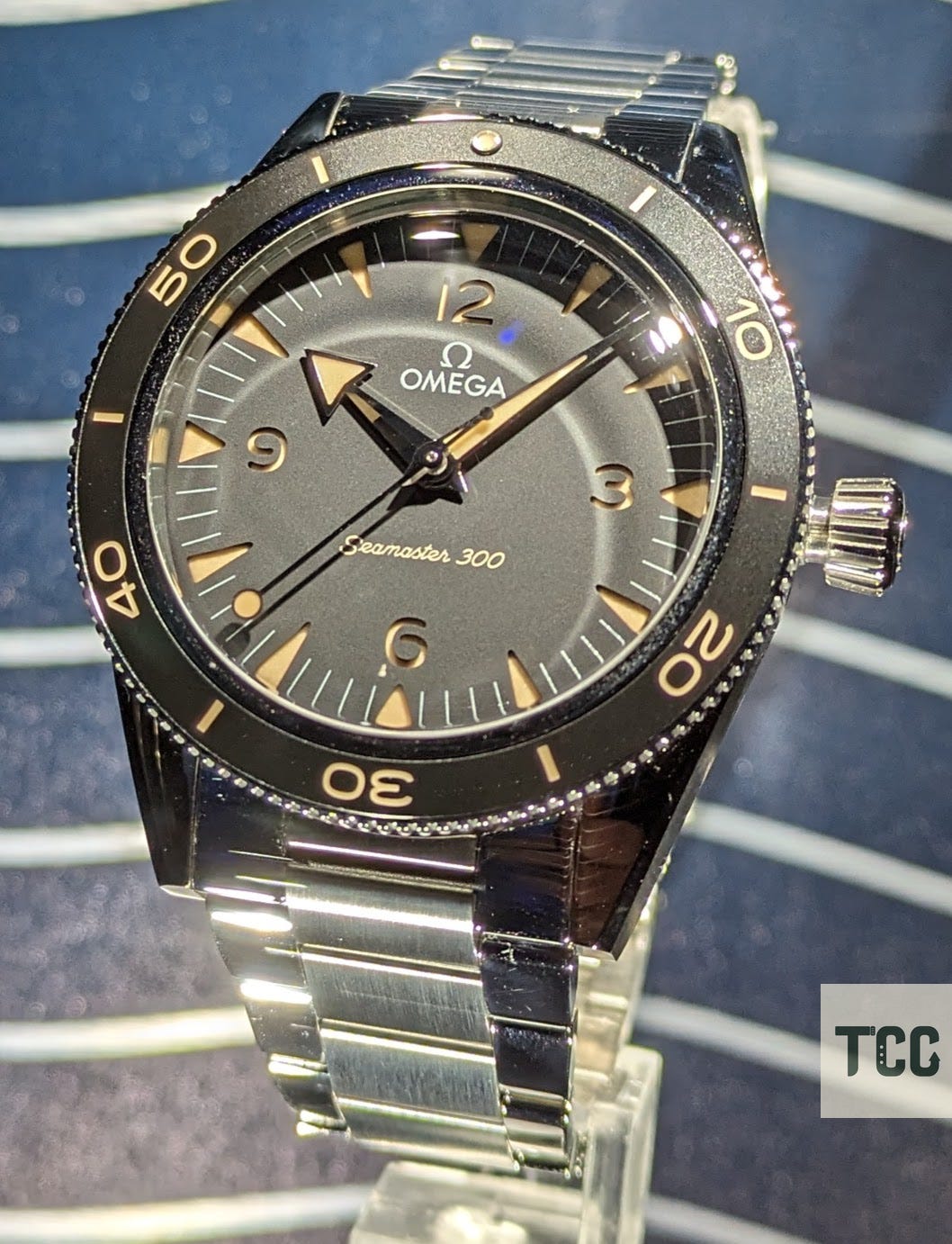 A close-up of an OMEGA Seamaster 300.