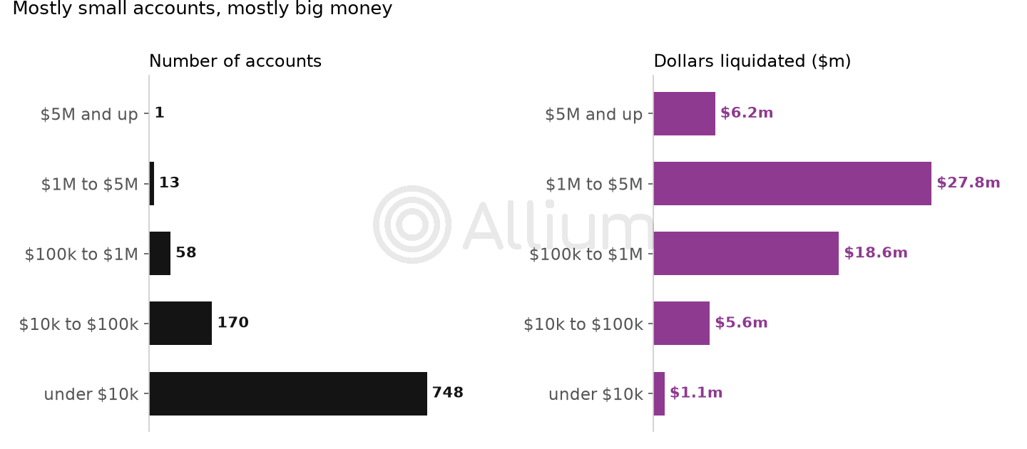 Small accounts dominated by count, large accounts by dollars. One account alone was 10.4% of the event.