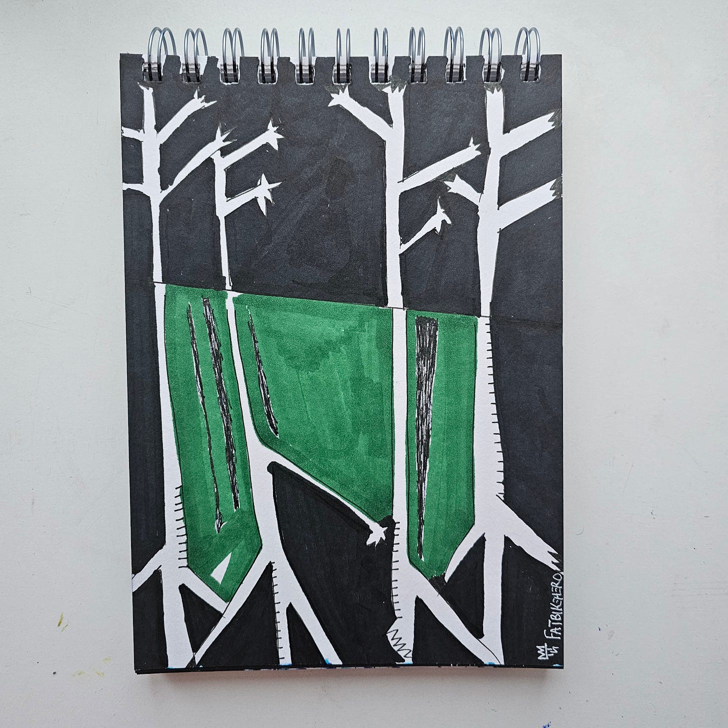 "A vertical marker drawing by artist FatbikeHero titled A.I Reflection Virtual Unreality. The artwork features a deep black background with stark white, tree-like or antenna-like vertical shapes rising from the bottom. A large, inverted trapezoidal shape in translucent green ink hangs in the center, resembling a screen or a digital veil. The style is graphic and high-contrast. Signed 'FatbikeHero' with a crown symbol in the lower right corner."