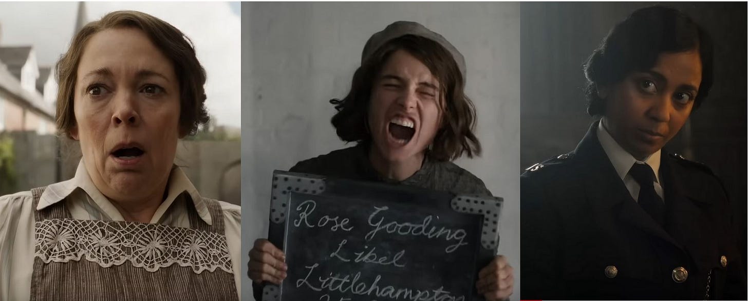 Screenshots of the three main characters from Wicked Little Letters. Screenshots of the three main characters from Wicked Little Letters.