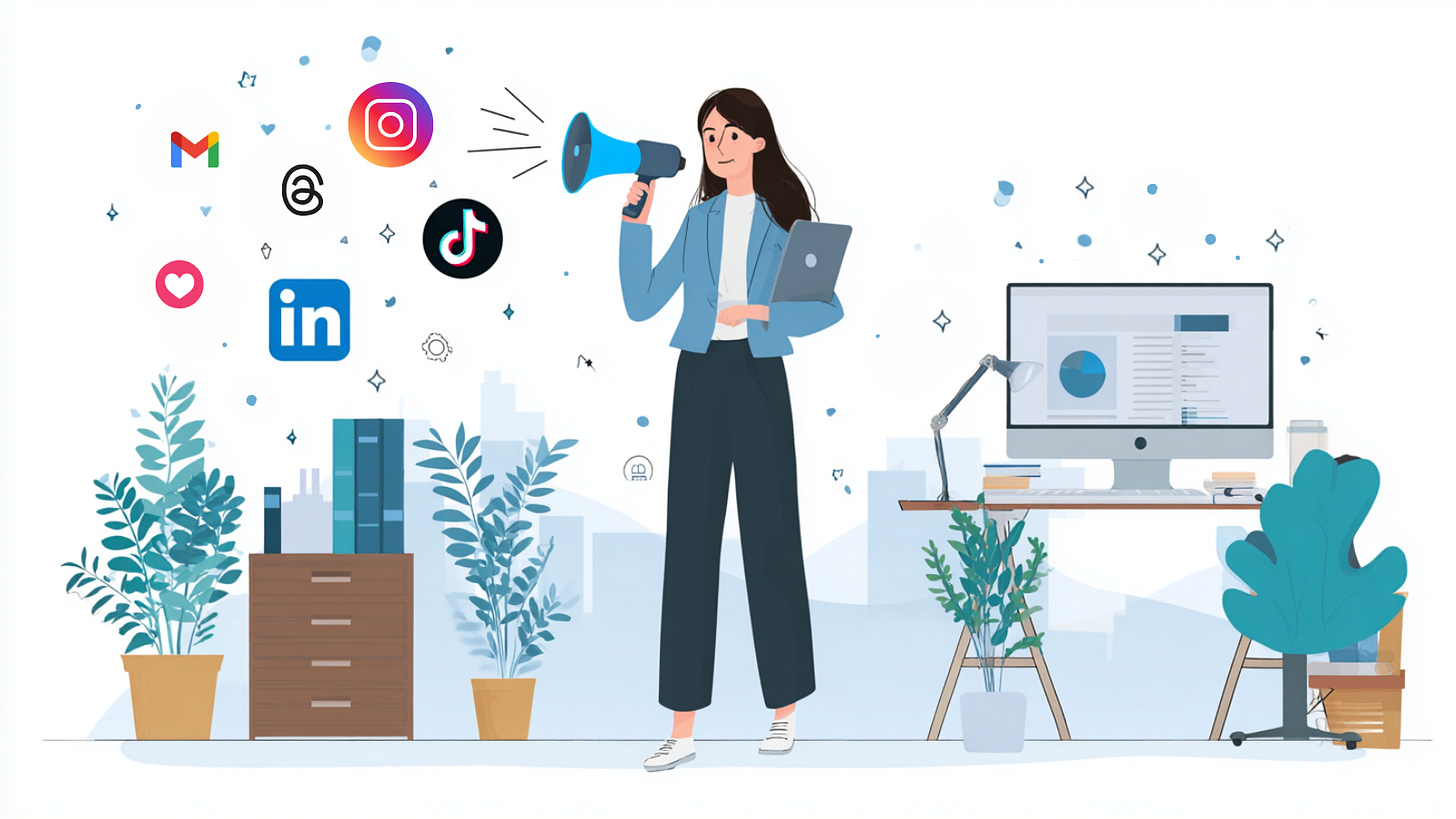 An illustration of a woman in a home office standing next to a desk. She is holding a megaphone and next to it social media platform logos are displayed e.g. LinkedIn, TikTok, Instagram, Gmail.