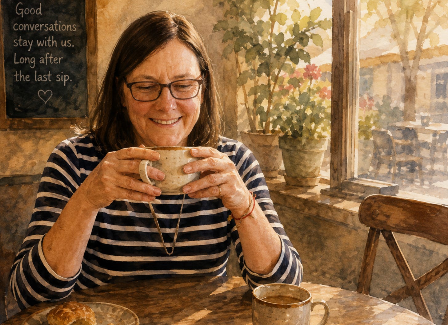ai generated version of Janet drinking a cup of something while reflection on community and connection ai generated version of Janet drinking a cup of something while reflection on community and connection