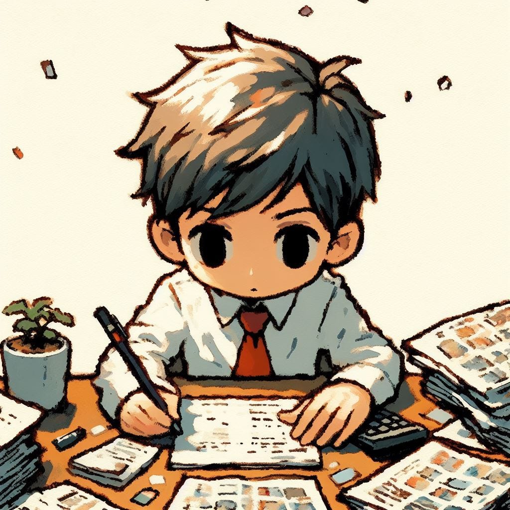 [SAFE] chibi style, short hair, office man writing, impressionist style, combining manga and comic style, whimsical, from below