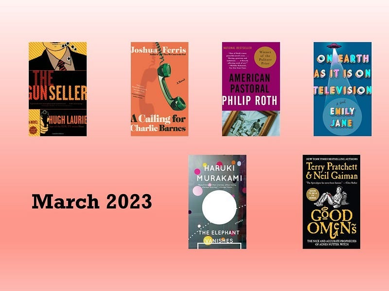 A collage of book covers for Good Omens, The Elephant Vanishes, On Earth as It is On Television, American Pastoral, A Calling for Charlie Barnes, and The Gun Seller.