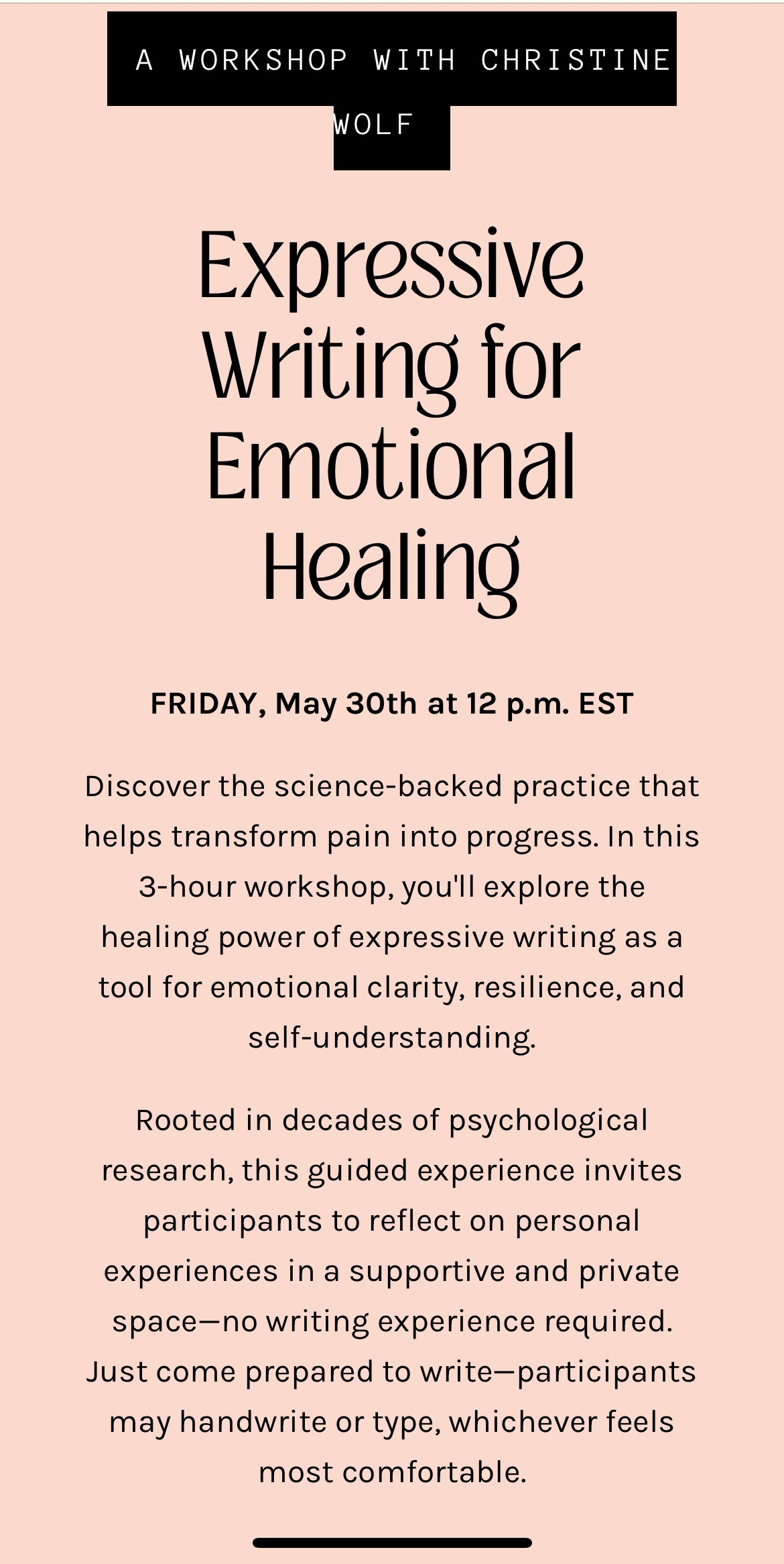 Promotional flyer for Expressive Writing for Emotional Healing with memoir coach Christine Wolf Promotional flyer for Expressive Writing for Emotional Healing with memoir coach Christine Wolf