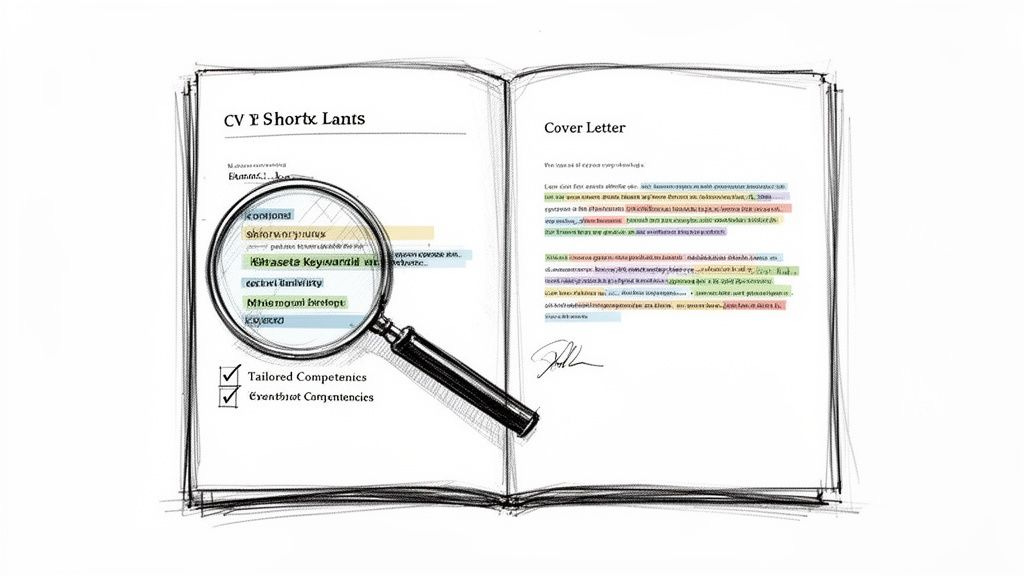An illustration of an open book displaying a CV and cover letter, with a magnifying glass highlighting keywords. An illustration of an open book displaying a CV and cover letter, with a magnifying glass highlighting keywords.