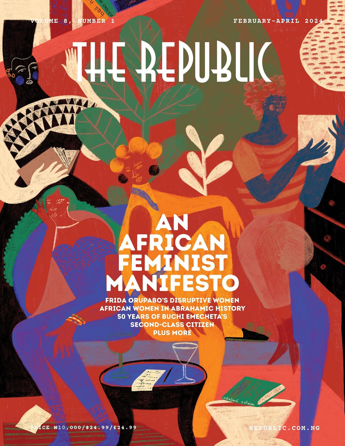 A cover of the Nigerian magazine, art of four abstracted African women in what appears to be a lounge, sitting together and enjoying each other's company.