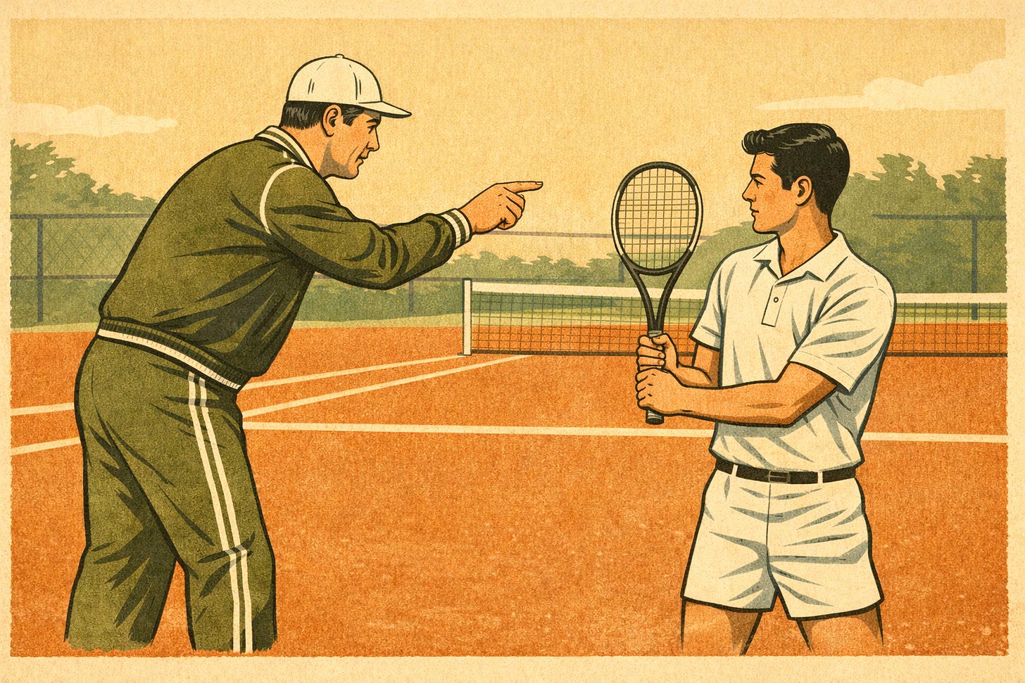 A retro 1960s-style instructional illustration of a tennis coach pointing and giving direct feedback to a player holding a racket. A retro 1960s-style instructional illustration of a tennis coach pointing and giving direct feedback to a player holding a racket.