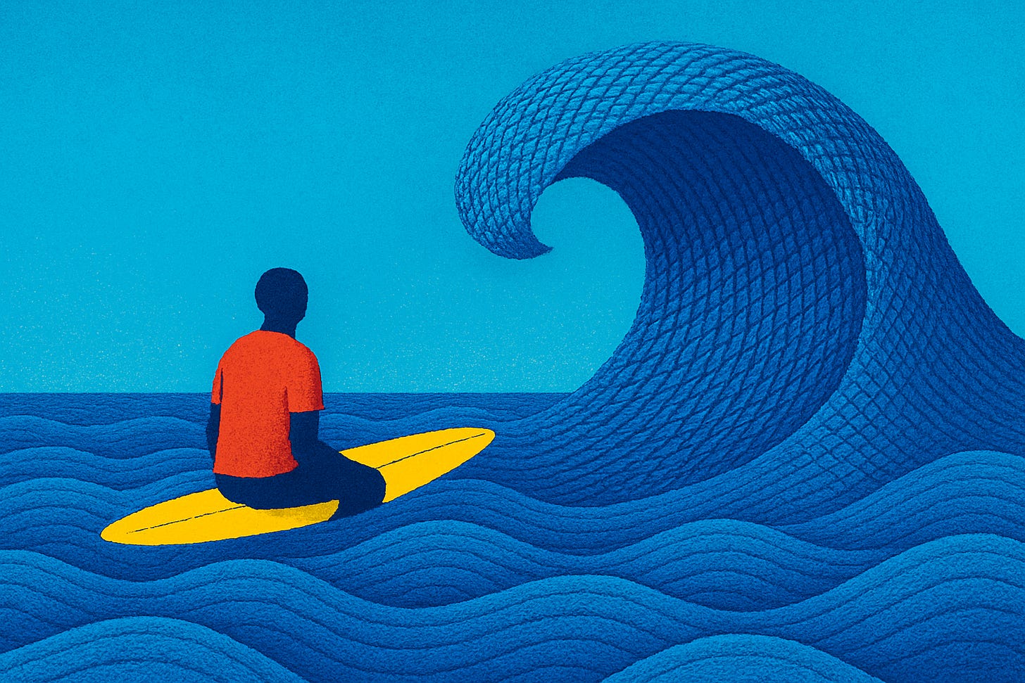 A vibrant digital illustration of a gender-neutral surfer on a yellow board facing a large woven-textured blue wave under a clear sky.