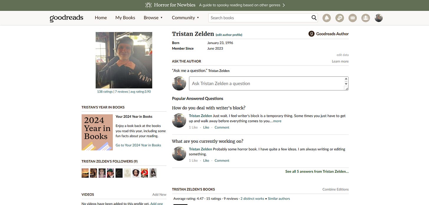 Goodreads profile page showing my birthday, member since, 2024 year in books, followers, questions I answered, and a glimpse at my books.