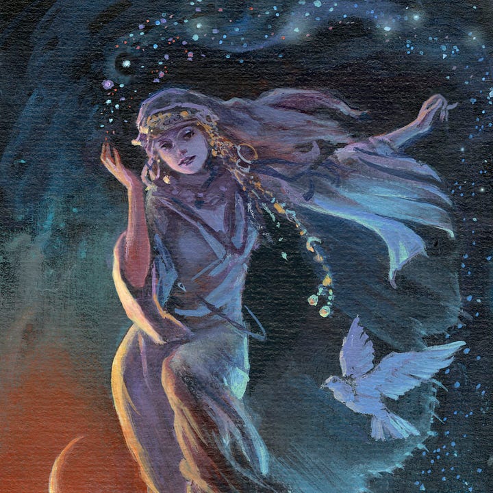 LEFT: Figure detail from ASTRAL MUSE featuring a beautiful woman rendered in limited color, leaping with one knee raised and the opposite hand positioned up to trail dots of lavender, red, and blue as if in the act of cosmic creation.  RIGHT: Close detail from ASTRAL MUSE featuring the torso and head of the woman. Her leading arm is pink while the rest of her is more muted in color providing depth and dimension for the viewer.