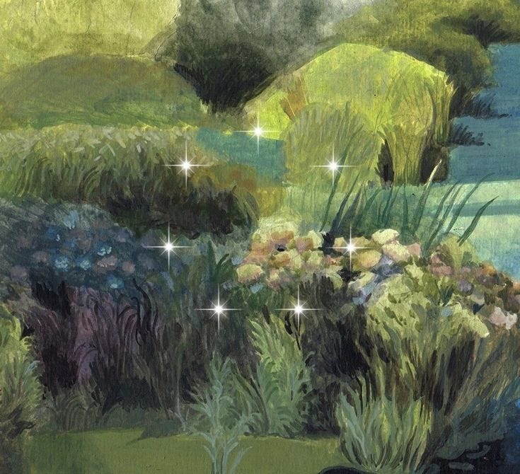 This may contain: a painting of grass, flowers and water with stars in the sky above it's surface