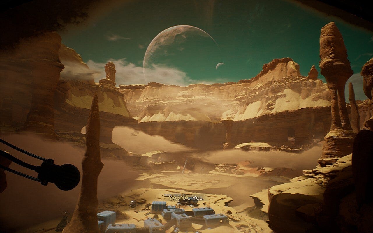 A base set at the bottom of a cliff, with a planet on the horizon