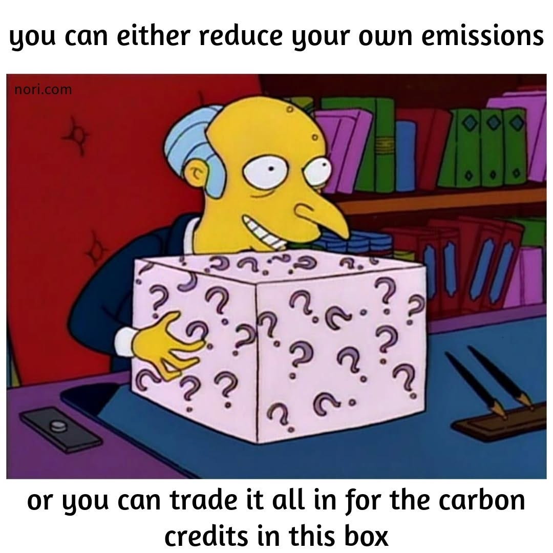 Mr. Burns from The Simpsons holding a mystery box covered in question marks. Text: "you can either reduce your own emissions" / "or you can trade it all in for the carbon credits in this box".