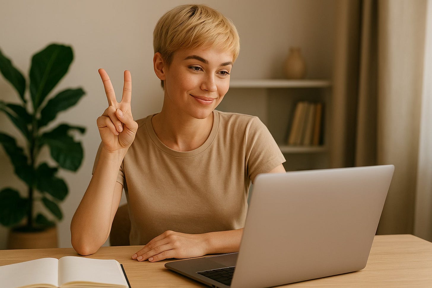 A woman offers a victory sign to her laptop screen because her writing plan has made life easier