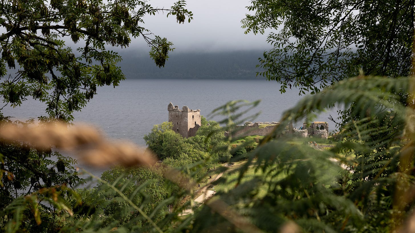 Ruined tower and walls of Urquhart Castle beside Loch Ness, partially framed by leaves and bracken; calm water and hazy opposite shore.