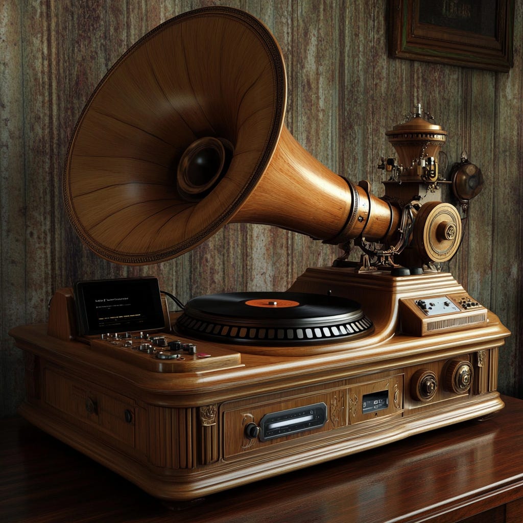 A vintage gramophone with a large wooden horn and intricate brass details sits on an ornate wooden base. The turntable holds a vinyl record, blending classic design with modern technology, including digital controls and a small screen displaying text. The background features aged wallpaper and a framed picture, enhancing the antique aesthetic. A vintage gramophone with a large wooden horn and intricate brass details sits on an ornate wooden base. The turntable holds a vinyl record, blending classic design with modern technology, including digital controls and a small screen displaying text. The background features aged wallpaper and a framed picture, enhancing the antique aesthetic.