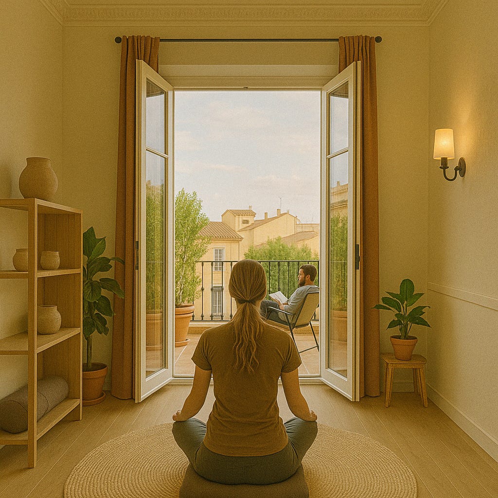 A peaceful, light-filled meditation room with a woman seated cross-legged on a round mat, facing open balcony doors. Outside, a man sits on the terrace reading, surrounded by potted plants and warm Mediterranean architecture. The scene conveys calm, balance, and intentional space for reflection. Image created with DALL·E. A peaceful, light-filled meditation room with a woman seated cross-legged on a round mat, facing open balcony doors. Outside, a man sits on the terrace reading, surrounded by potted plants and warm Mediterranean architecture. The scene conveys calm, balance, and intentional space for reflection. Image created with DALL·E.