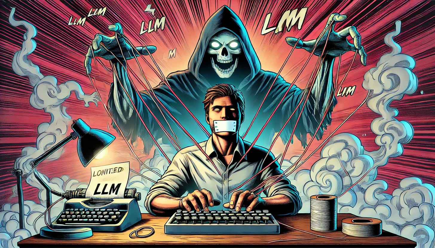 A dramatic comic-style illustration of a person sitting at a desk, typing on a notebook while being controlled like a puppet by an eerie ghost labeled 'LLM'. The ghostly figure has long, shadowy hands manipulating strings attached to the person's limbs. Swirling smoke and crackling electricity surround the ghost, enhancing its supernatural presence. The person's mouth is taped shut with a strip of duct tape, emphasizing their lack of control. Multiple cables are connected to the writer, further symbolizing their manipulation. The scene features bold superhero comic colors, strong contrast, and sharp line work. The lighting is moody with a mix of bright highlights and deep shadows, enhancing the eerie yet dynamic atmosphere. The composition is widescreen, emphasizing the dramatic scale of the scene.