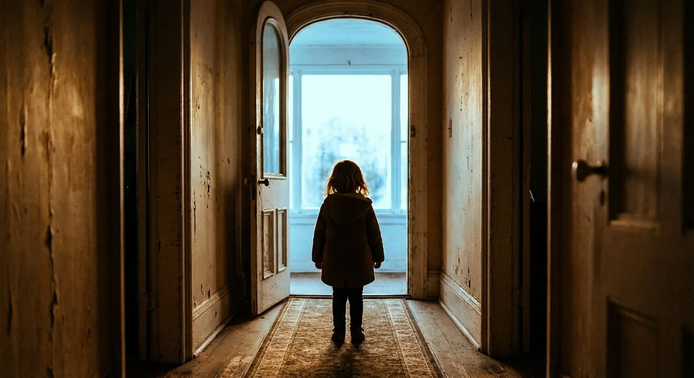 A child stands in a doorway between a dim hallway and daylight.