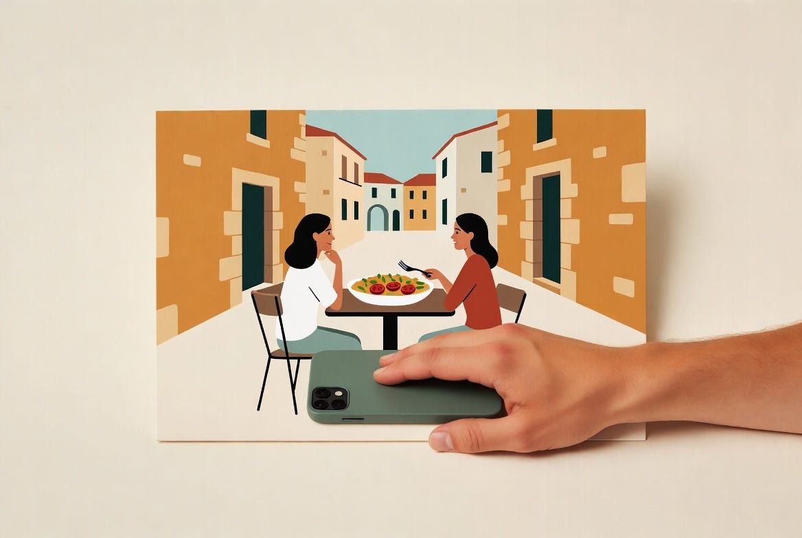 Post card of two people eating in a village. A hand is on the post card with the phone down. Post card of two people eating in a village. A hand is on the post card with the phone down.