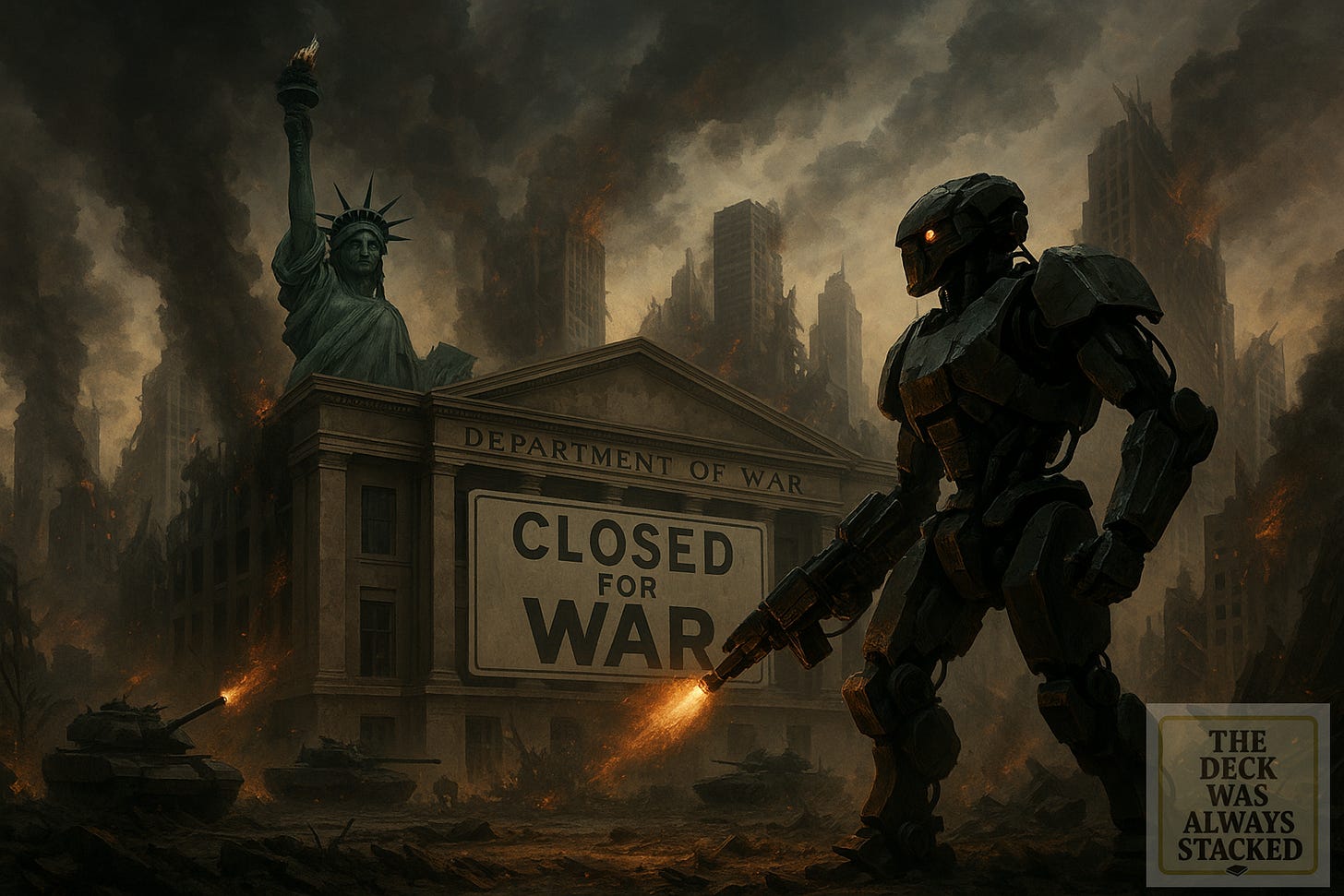 Soldiers of War visual — the gold-toned dystopian battle field with the liberty torch.