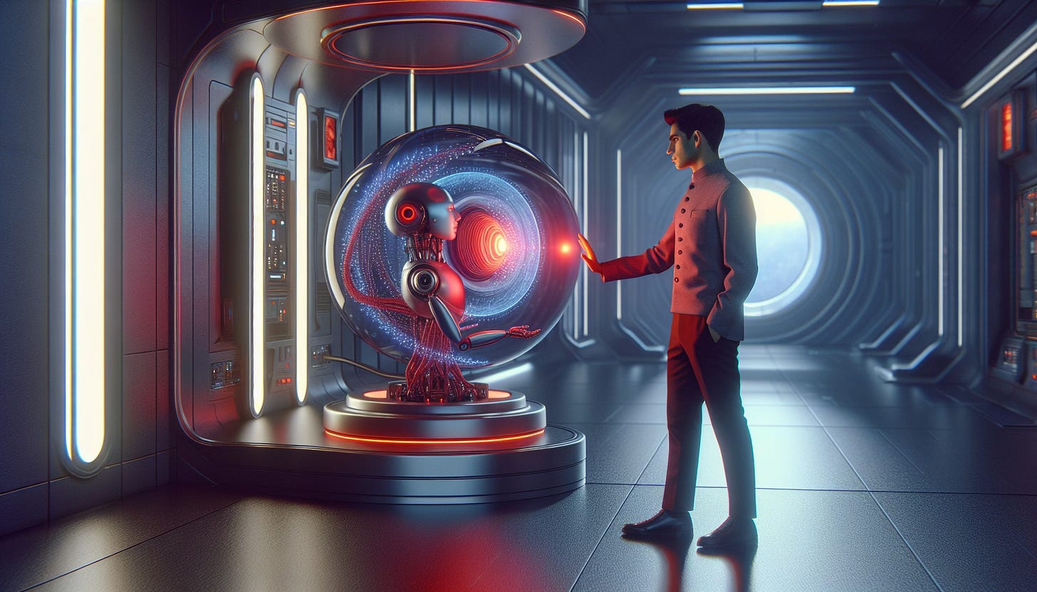 Image generated with DALL-E 3 and depicting a human having a dialogue with an artificial intelligence system represented by a robot