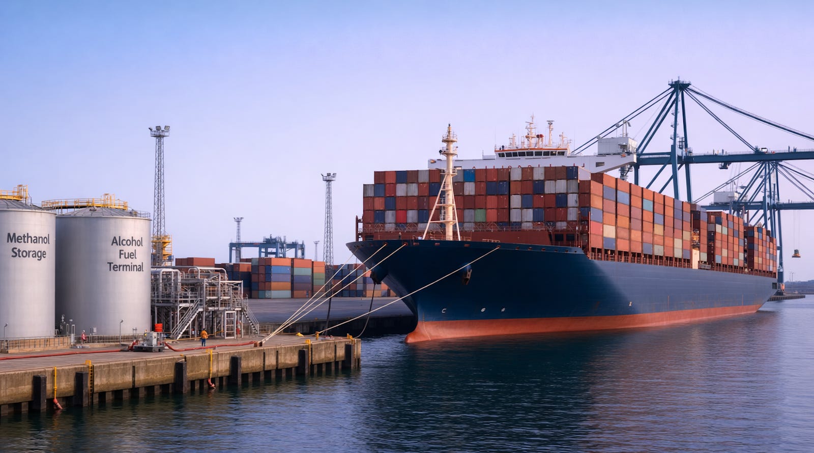 Container ship docked beside methanol and alcohol fuel storage tanks with shore power connections, illustrating hybrid electric maritime fuel infrastructure.