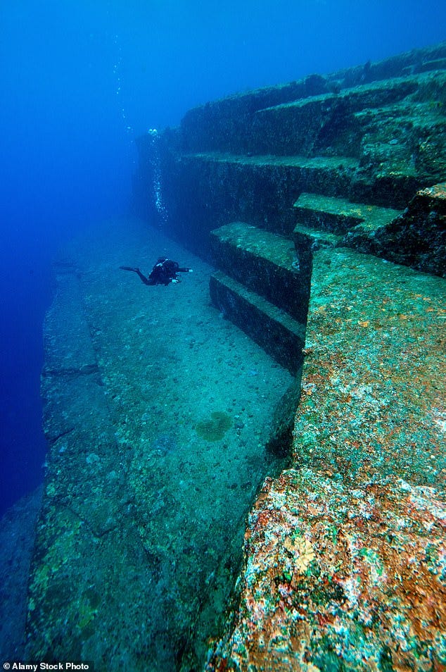 Although skeptics say it's a natural rock formation, Yonaguni monument has a pyramid shape with shockingly straight steps that appear carved Although skeptics say it's a natural rock formation, Yonaguni monument has a pyramid shape with shockingly straight steps that appear carved
