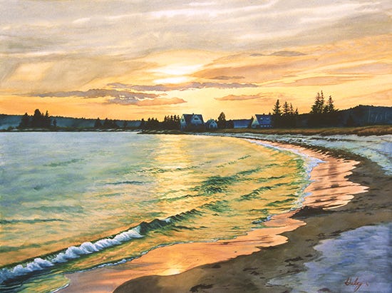 Calm II, watercolor , John Hulsey watercolor painting of sunset over ocean by John Hulsey