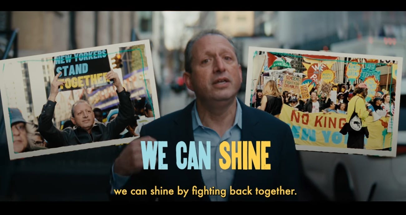 Campaign announcement video screenshot featuring Brad Lander walking on a New York street, flanked by photos of NYC's No Kings march and of Lander holding a sign reading 'New Yorkers Stand Together.' Caption: 'We can shine by fighting back together' Campaign announcement video screenshot featuring Brad Lander walking on a New York street, flanked by photos of NYC's No Kings march and of Lander holding a sign reading 'New Yorkers Stand Together.' Caption: 'We can shine by fighting back together'