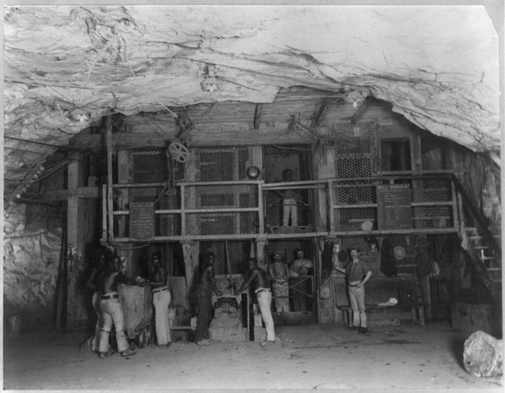 Men working 2000 ft. underground in Kimberley Diamond Mine, South Africa, c1890-1905. Men working 2000 ft. underground in Kimberley Diamond Mine, South Africa, c1890-1905.