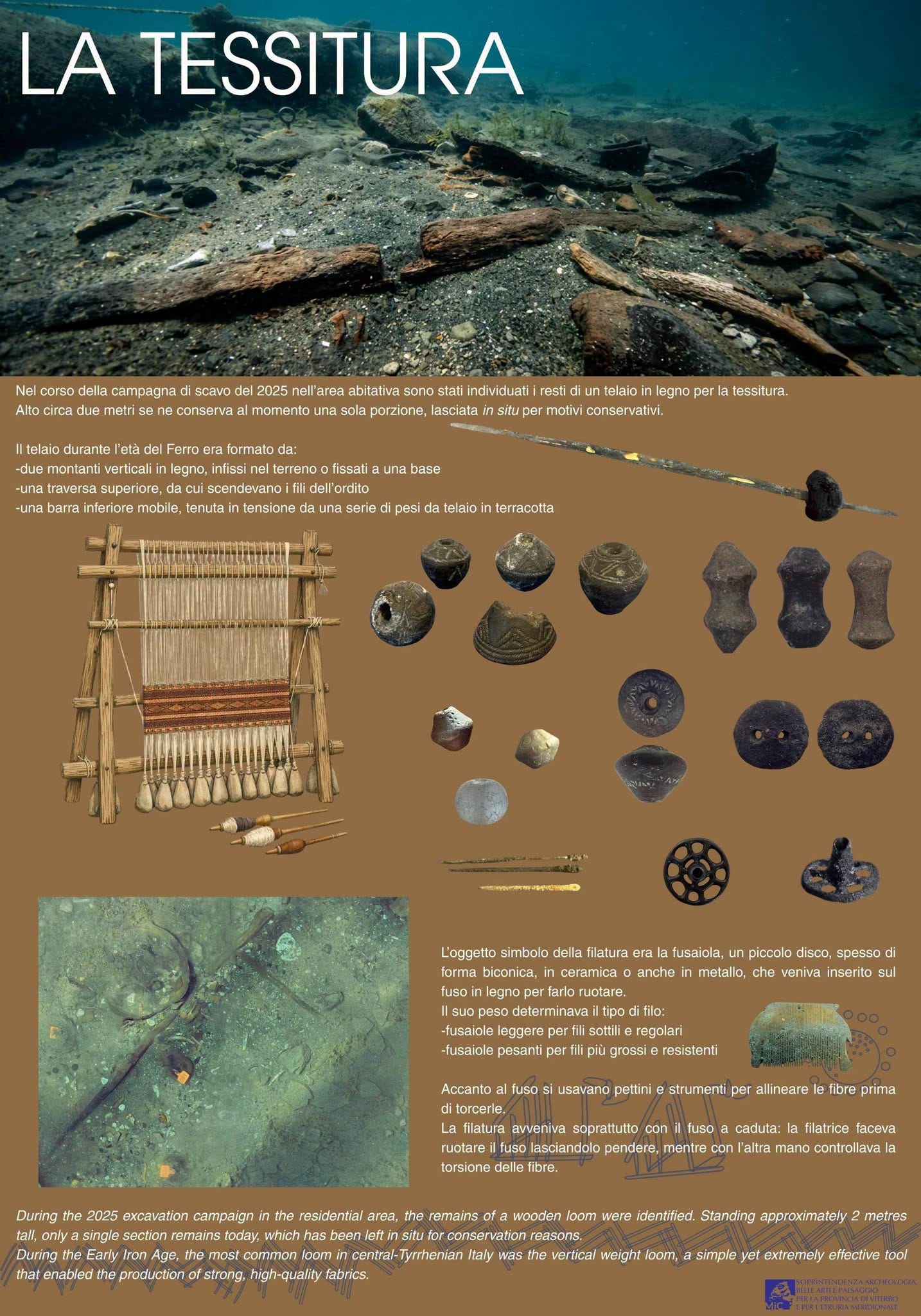 An official diagram from the Soprintendenza showing the reconstructed Iron Age loom at Gran Carro, alongside the terracotta weights, spindle whorls, and combs used in its operation. Credit Soprintendenza Archeologia Belle Arti Paesaggio Etruria Meridionale. An official diagram from the Soprintendenza showing the reconstructed Iron Age loom at Gran Carro, alongside the terracotta weights, spindle whorls, and combs used in its operation. Credit Soprintendenza Archeologia Belle Arti Paesaggio Etruria Meridionale.