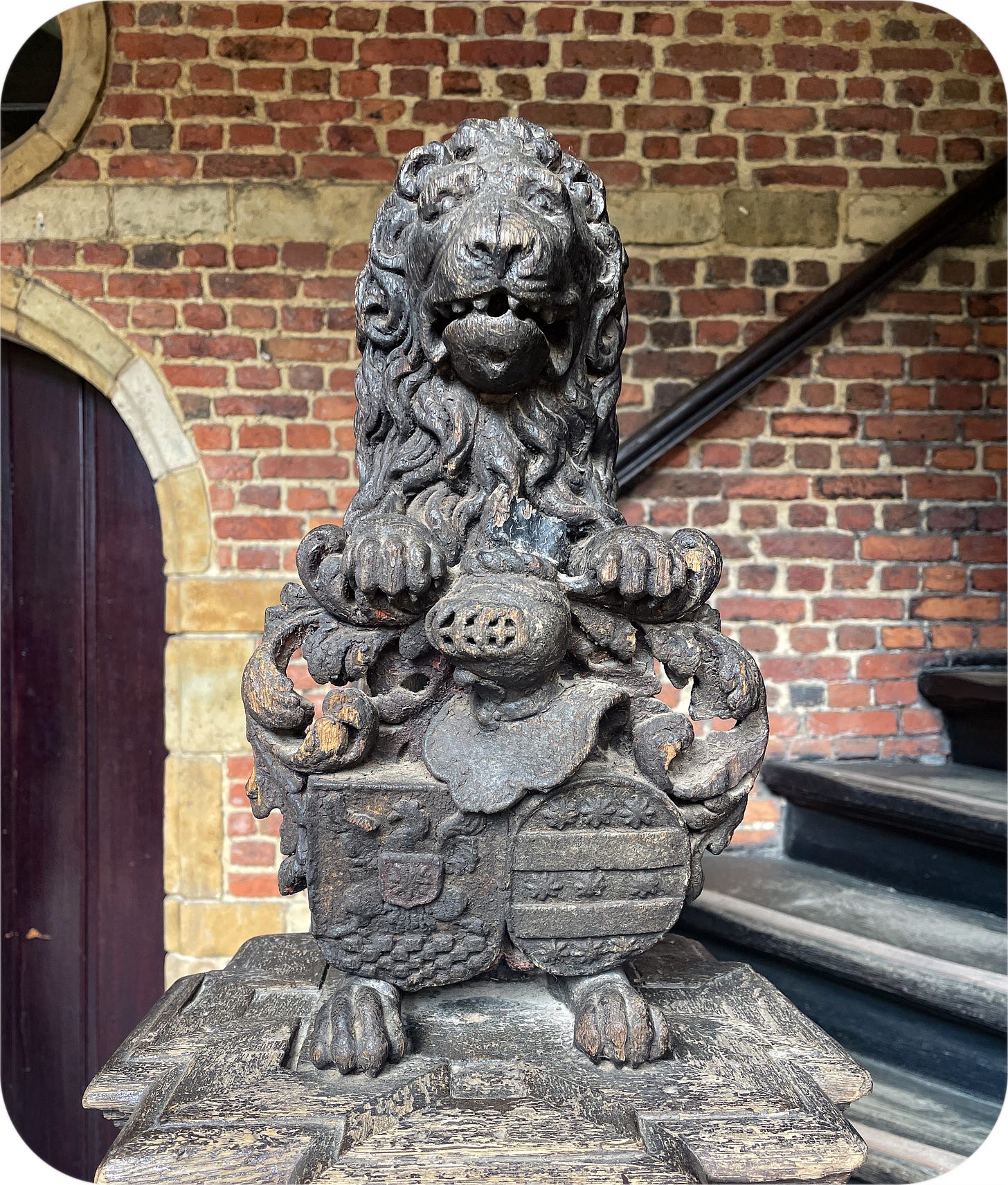 Carved lion at the Plantin-Moretus Museum. Antwerp, Belgium.