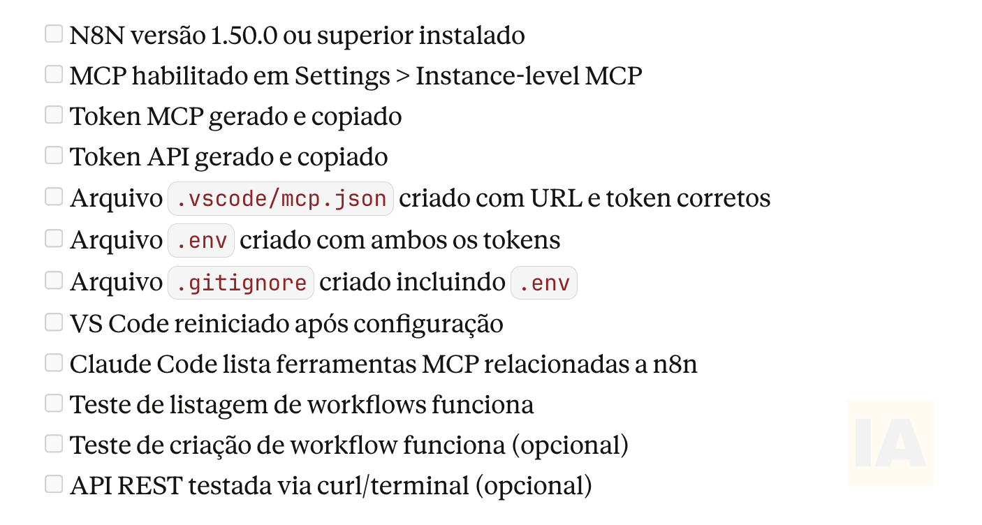Check list para verificação se integração VS Code e N8N via MCP está funcionando