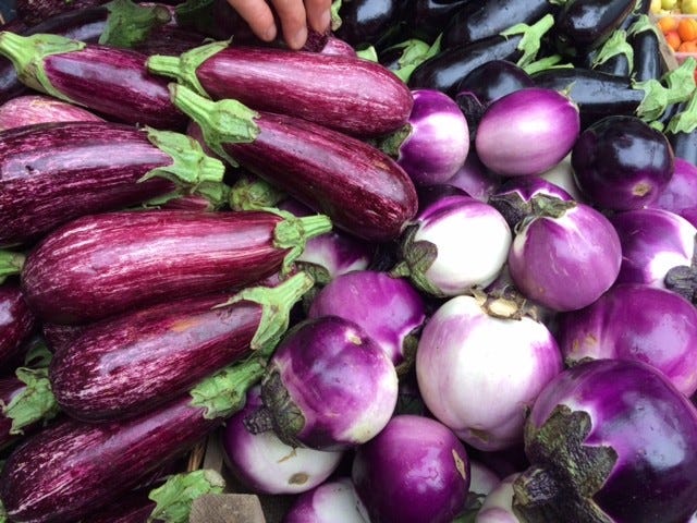 Sprouts on stalk, greengages, asparagus, aubergines at London Farmers Markets