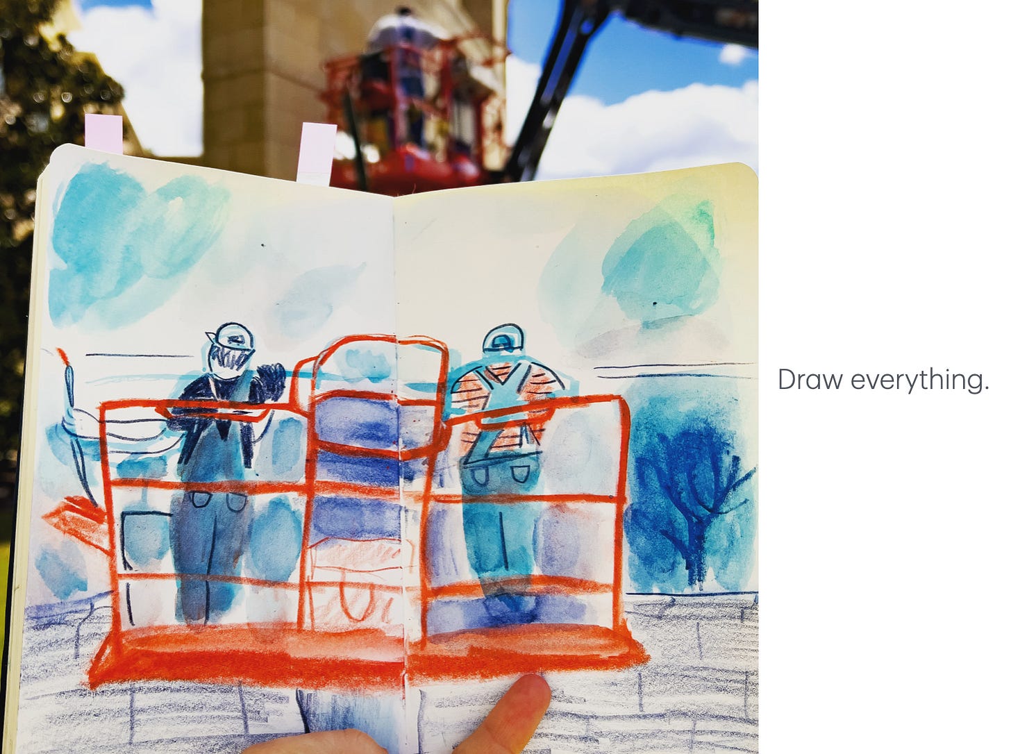sketchbook drawing of men in a cherry picker by Beth Spencer sketchbook drawing of men in a cherry picker by Beth Spencer