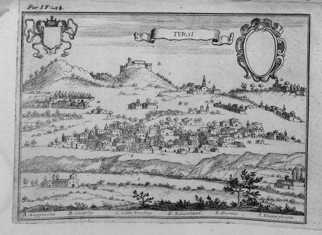 Woodcut of Tursi made around 1700. The Fusco family lived here for generations, but by generation three, four men left Tursi and went to Niles, Ohio. Woodcut of Tursi made around 1700. The Fusco family lived here for generations, but by generation three, four men left Tursi and went to Niles, Ohio.
