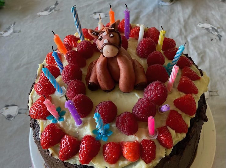 A decorated chocolate birthday cake topped with white icing, fresh raspberries, and strawberries. A fondant horse figure sits in the center, surrounded by colorful birthday candles, some already burnt.