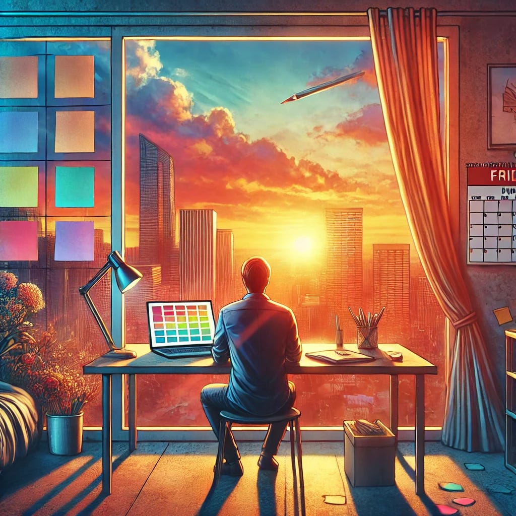 An artistic representation of a reflective yet optimistic moment, featuring a person sitting at a desk in a home office at sunset. The desk has a laptop open with colorful post-it notes scattered around, symbolizing brainstorming or retrospection. Behind them, a large window shows a serene cityscape transitioning from day to evening, with warm hues of orange and pink. A calendar marked on Friday highlights the theme of retrospectives. The mood is contemplative yet inspiring, symbolizing gratitude, growth, and anticipation for the future.