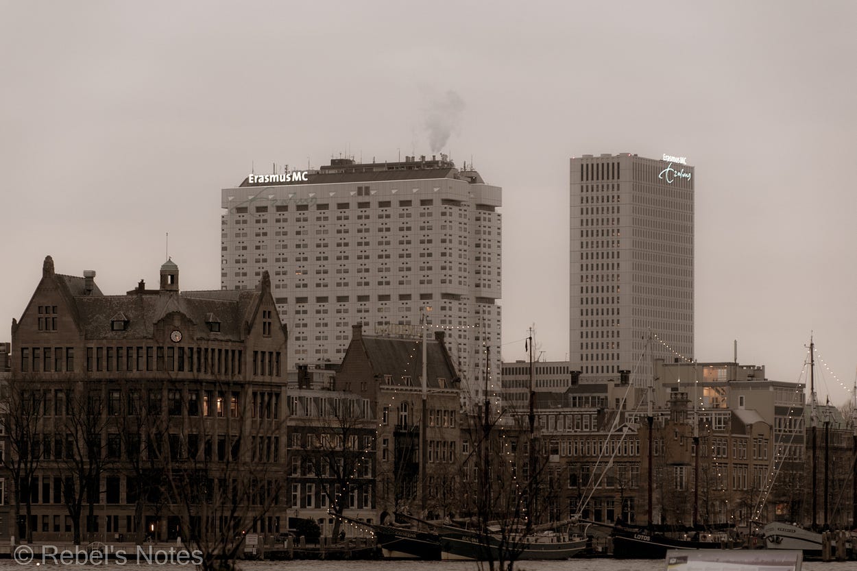 A personal image of the old buildings in Rotterdam, with newer ones in the background.