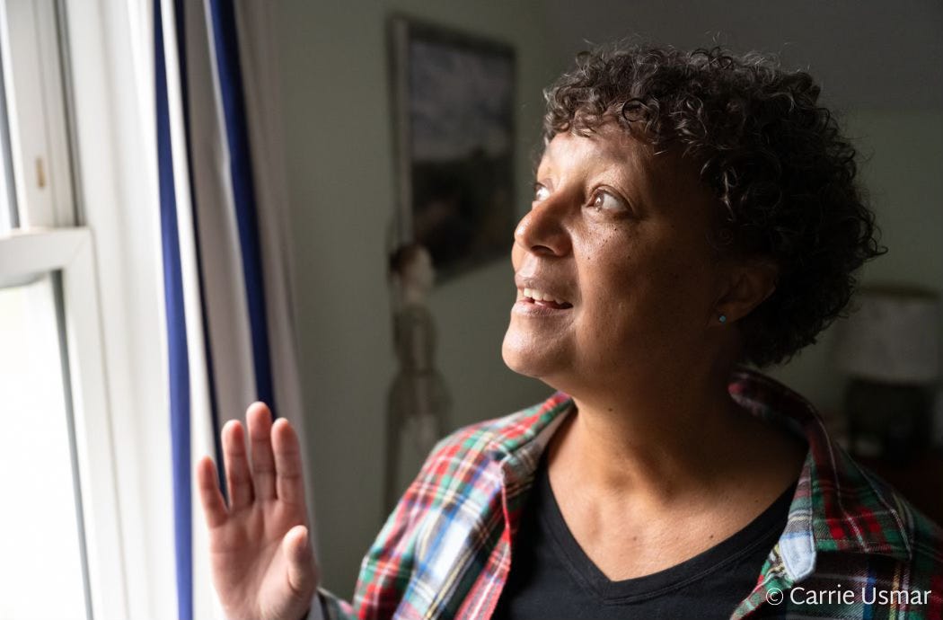 Me--a brown-skin woman, looking out of my bedroom window, speaking, optimistic Me--a brown-skin woman, looking out of my bedroom window, speaking, optimistic