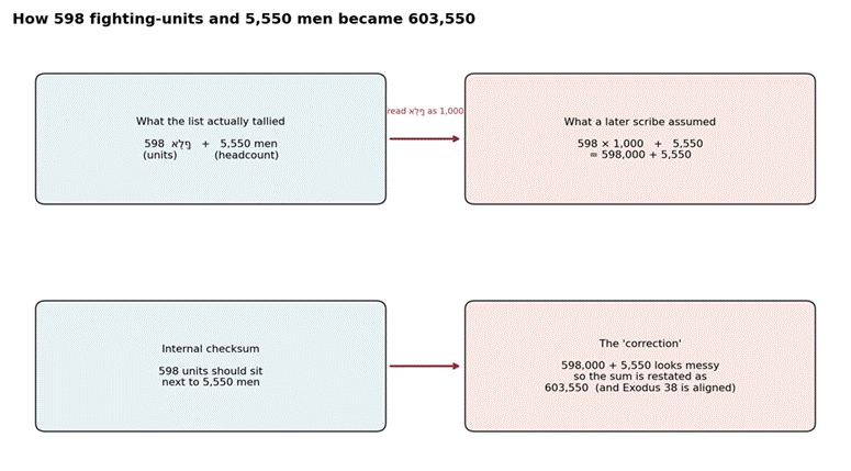 Title: Diagram of how 598 units and 5,550 men were added into 603,550 - Description: Diagram of how 598 units and 5,550 men were added into 603,550