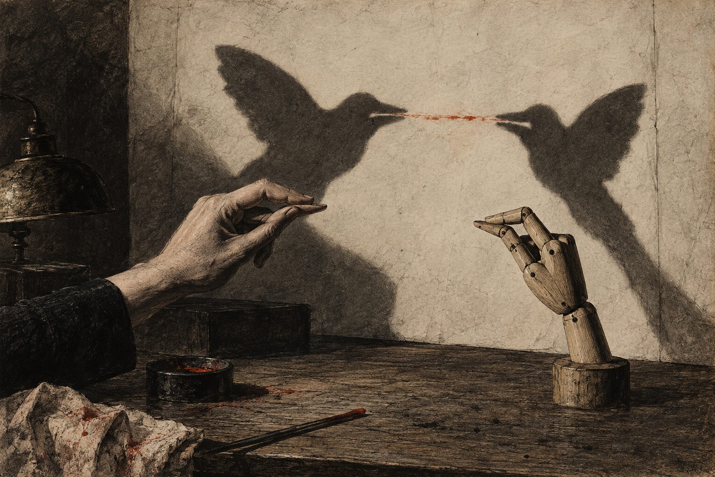 A human hand and a wooden artist's mannequin hand casting the same bird-shaped shadow on a wall. A human hand and a wooden artist's mannequin hand casting the same bird-shaped shadow on a wall.