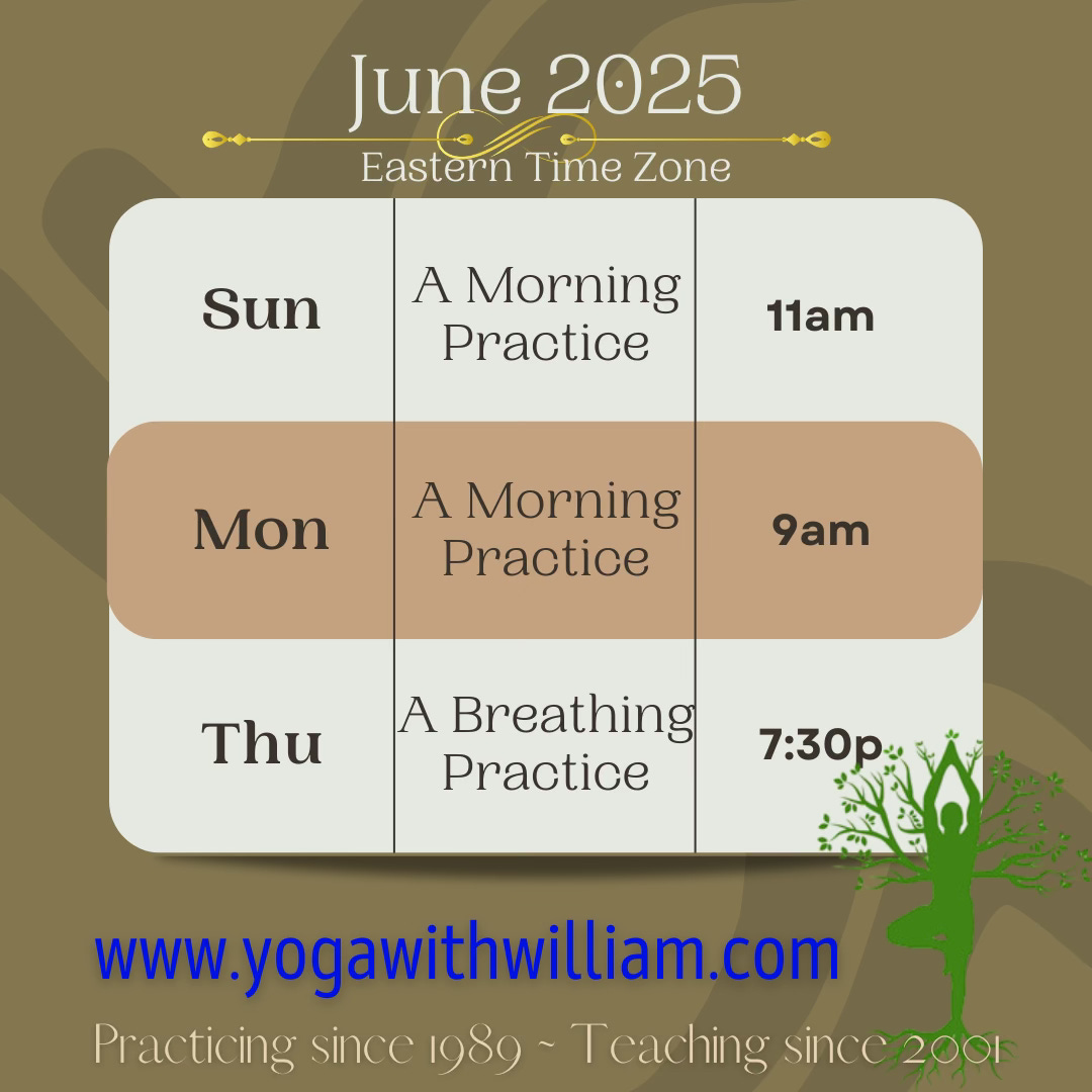 June2025 Online yoga class schedule for William Hufschmidt in Eastern Time Zone. Sunday 11am - A Morning Practice. Monday 9am - A Morning Practice. Thursday 7:30p - A Breathing Practice. www.yogawithwilliam.com