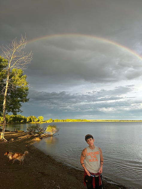 A series of photos of Andrea either posing beneath a rainbow, or wearing a sweatshirt they loved that read: "Never Stop Chasing Rainbows".